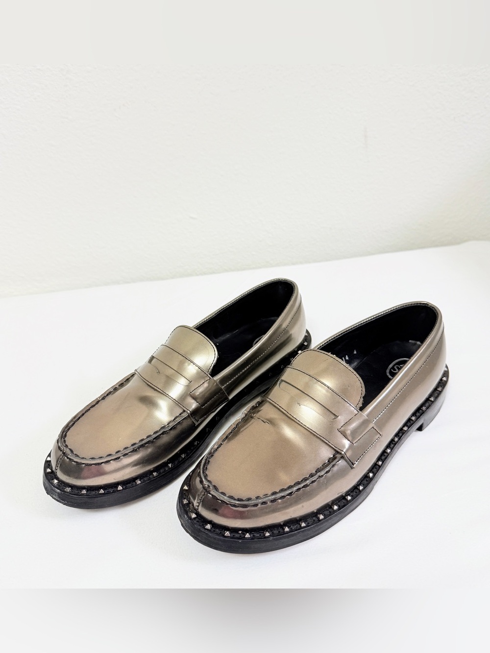 ASH Metallic Leather Studded Penny Loafers EU 38 US 7,5 Silver Bronze